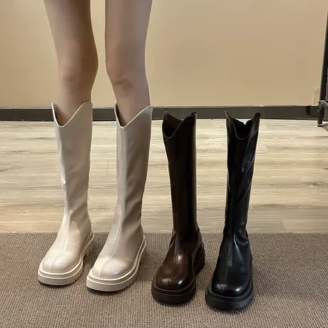 潮流长筒靴女2023年新款秋季时尚厚底瘦瘦靴v口骑士靴不过膝长靴图片