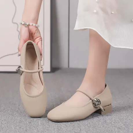 真皮单鞋女浅口一字带玛丽珍鞋春秋新款方头小皮鞋大码四季鞋4143图片