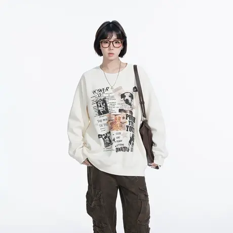 YEP复古设计感印花圆领卫衣女春季2025新款插肩袖套头无帽上衣潮商品大图