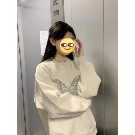 洋气减龄韩版个性圆领卫衣女春秋季百搭宽松显瘦蝴蝶印花薄款上衣商品大图