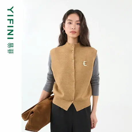[专柜同款]Yifini/易菲简约时尚立领宽松大气短款针织衫马夹开衫商品大图