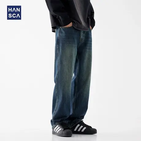 hansca蓝色水洗直筒牛仔裤男2024年秋季新款经典复古宽松百搭长裤图片