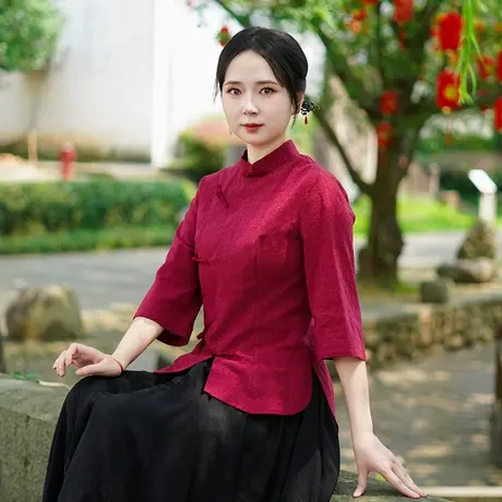 筠雅秋季新款复古改良中式唐装女中国风年轻款斜襟长袖上衣25J293商品大图