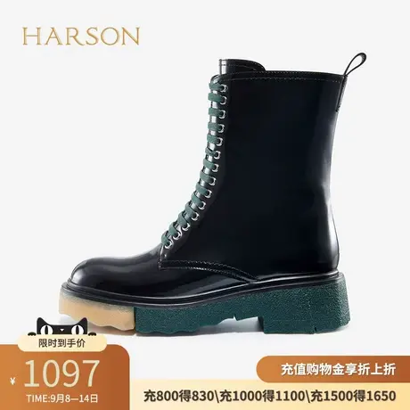 哈森冬季新款女靴圆头拼色平跟舒适休闲马丁靴HA17182商品大图