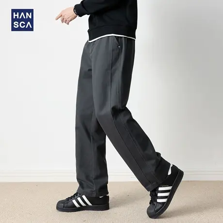 hansca350g重磅字母绣花纯棉休闲裤男士2025秋季复古拼接通勤长裤商品大图