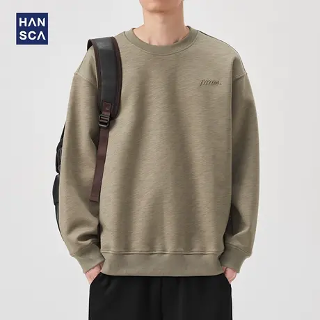 hansca 420Gg重磅竹节纹针织圆领卫衣男2025秋季潮牌刺绣纯棉上衣商品大图