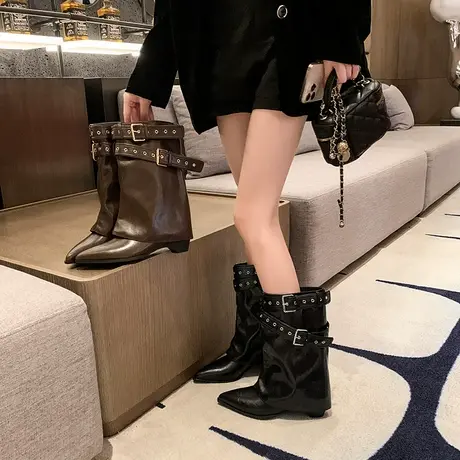 时尚百搭短靴女2025秋季新款高级粗跟尖头骑士靴网红爆款甜酷靴子商品大图