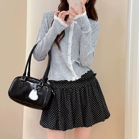 唐狮秋冬温柔蕾丝花边设计圆领开衫女针织外套春秋高级感毛衣tu图片