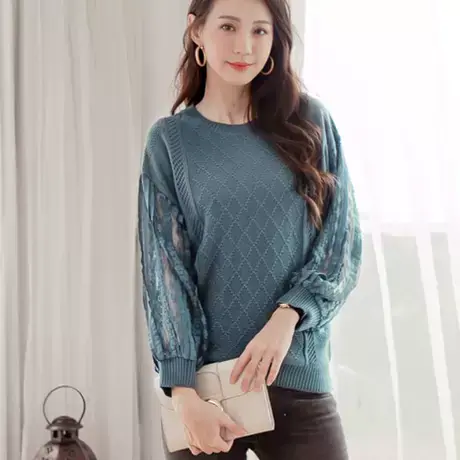 桔熊秋冬季绞麻花毛衣拼接镂空蕾丝袖针织衫女装胖妹妹大码FA2250图片