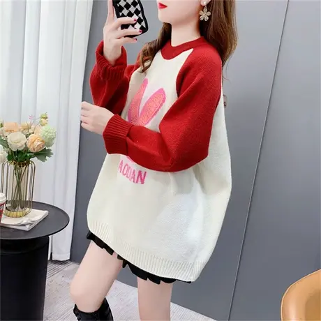 兔年新款针织毛衣女秋冬2022年宽松洋气减龄设计感插肩袖拼色上衣商品大图