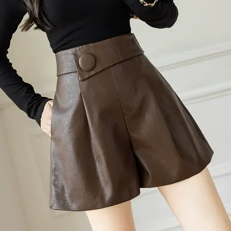 高腰阔腿短裤女秋冬2023新款显瘦a字chic外穿大纽扣子休闲pu皮裤图片