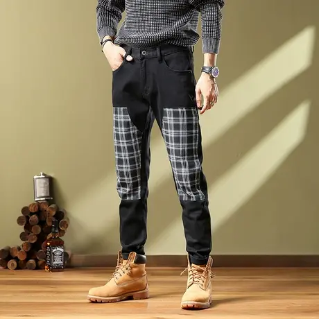 休闲牛仔裤潮牌印花男士牛仔裤时尚潮流修身百搭拼接潮流牛仔裤商品大图