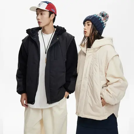 潮牌拼接连帽棉服女冬季加厚羊羔毛外套2023新款复古情侣宽松棉衣商品大图