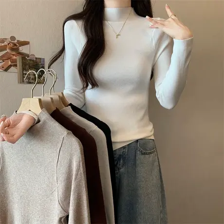 纯色简约半高领针织衫女秋季韩版洋气修身显瘦内搭长袖上衣打底衫图片