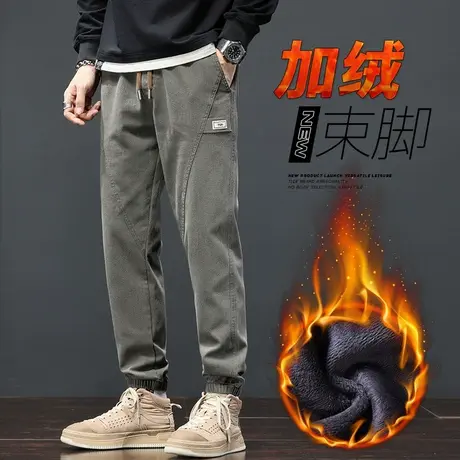 军绿色加绒加厚冬季休闲裤子秋冬款男生外穿抗寒保暖束脚美式工装商品大图
