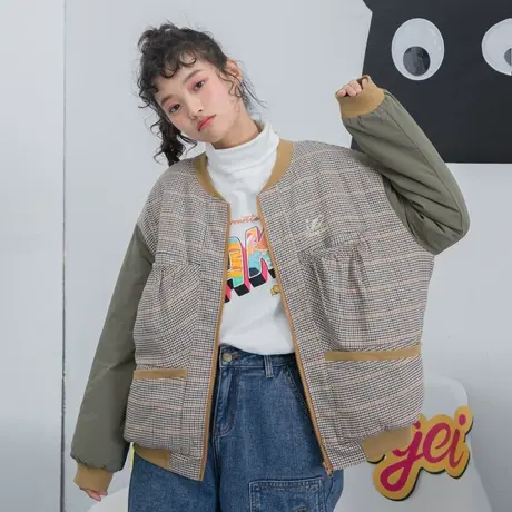 尔给加棉棒球服宽松韩版格子夹克外套女复古港味冬季厚款2019新款图片