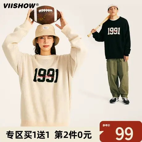 VIISHOW圆领毛衣男士春秋日系潮牌宽松复古刺绣情侣装针织衫上衣商品大图