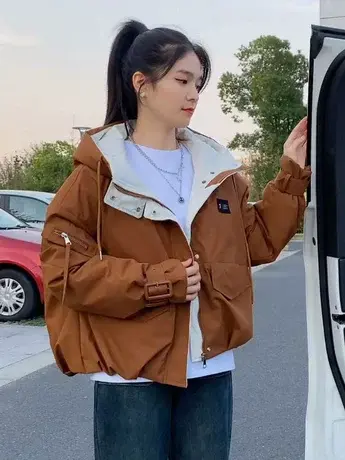 冬季新款羽绒服短外套女洋气时尚宽松连帽工装小个子白鸭绒派克潮商品大图