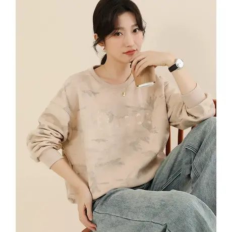 新品8.5折】复古圆领字母刺绣卫衣女宽松加绒百搭头套T恤商品大图