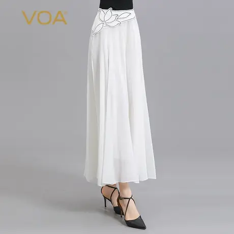 VOA真丝乔其纱茶白明线装饰撞料拼接绣花腰双层百搭桑蚕丝阔腿裤商品大图