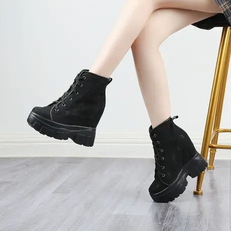 厚底内增高靴子女13cm超高跟小短靴蕾丝真皮及踝靴坡跟马丁瘦瘦靴商品大图