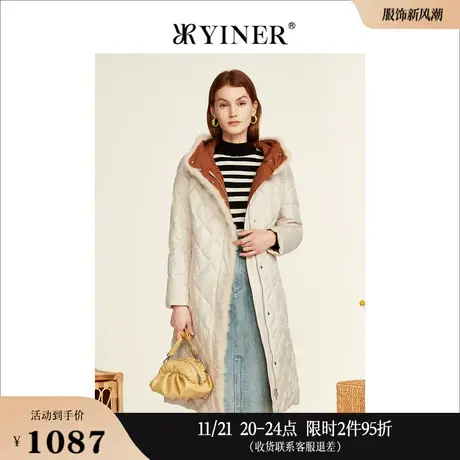 YINER音儿线上专选女装冬季中长款水貂毛边连帽衍缝白鸭绒羽绒服商品大图