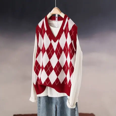 23005新品套头V领韩版宽松无袖格子针织衫毛衣女马甲背心上衣商品大图