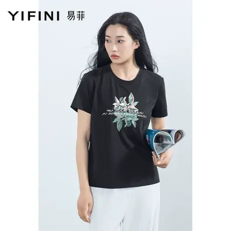 Yifini/易菲宽松短袖圆领时尚百搭T恤女2023夏季新款数码印花上衣商品大图