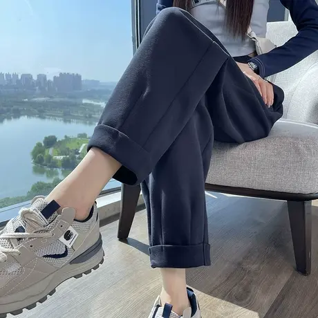 蓝色九分直筒裤女春秋季2024新款高腰显瘦宽松百搭小个子哈伦裤子图片