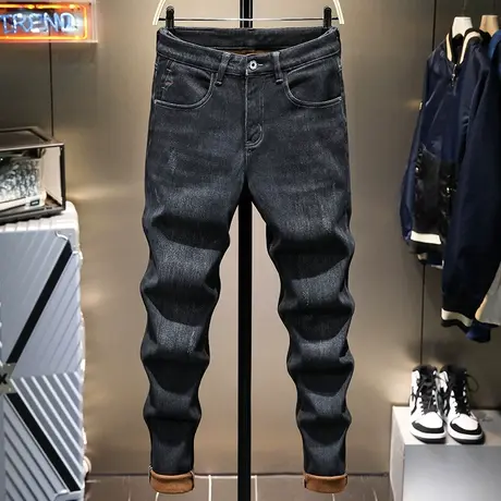 高端质感黑色加绒牛仔裤男简约潮牌长裤2021新款秋冬韩版修身小脚商品大图