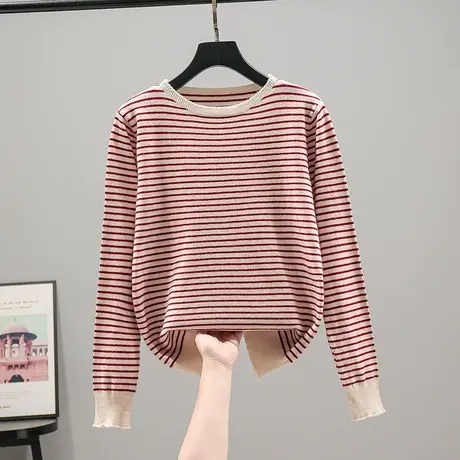 2023春秋新款圆领条纹针织衫毛衣女士韩版宽松打底衫上衣套头内搭商品大图