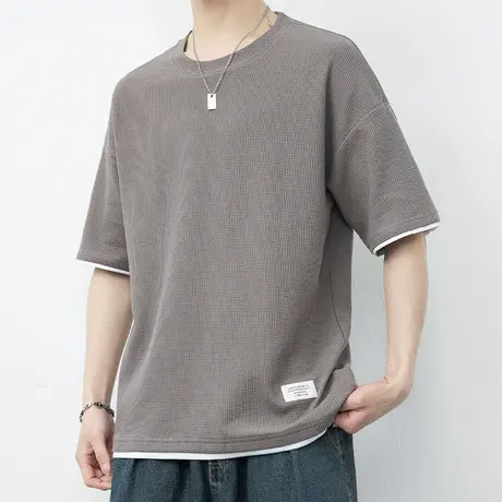 重磅华夫格短袖t恤男潮牌夏季薄款半袖男生体恤冰丝男款质感衣服商品大图