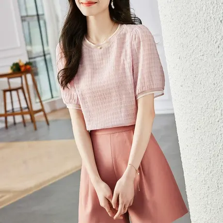 时尚气质淑女短袖T恤2023年夏季新款温柔圆领宽松显瘦百搭短袖商品大图