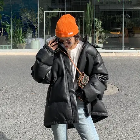 PU皮质面包服短款棉衣2021年新款冬季韩版宽松加厚棉袄羽绒棉服女图片