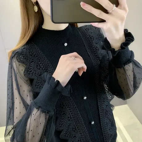 春装女2024年新款蕾丝袖冰丝针织衫长袖宽松上衣洋气半高领打底衫图片