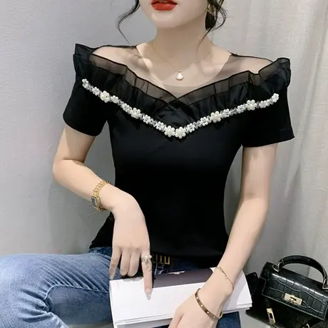 性感一字肩短袖上衣女士2024夏装新款网纱拼接小衫洋气设计感T恤商品大图