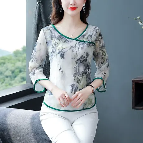 水墨印花雪纺衫女夏季2023年新设计感宽松漂亮女上衣七分袖小衫女商品大图