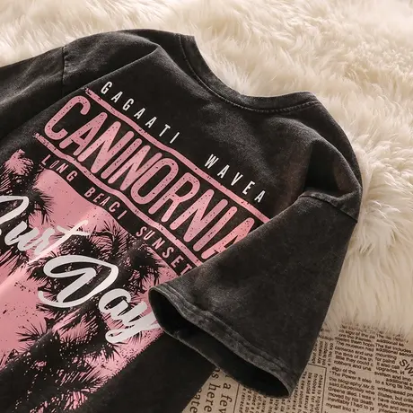 美式复古做旧短袖t恤女2025新款夏季设计感小众水洗宽松纯棉上衣商品大图