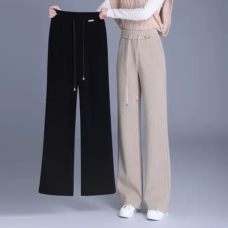 毛呢阔腿裤女秋冬2023新款松紧高腰宽松垂感长裤显瘦百搭直筒裤子商品大图