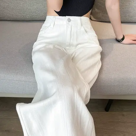 白色窄版高腰阔腿牛仔裤女小个子秋季新款宽松显瘦直筒垂感拖地裤商品大图