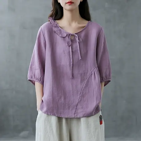 dza文艺亚麻上衣女士棉麻T恤中袖2023新款宽松百搭休闲体恤衫短款商品大图