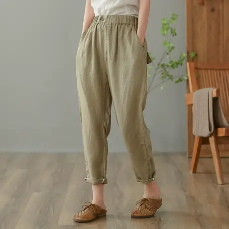 dza 高腰显瘦亚麻休闲裤女2023夏九分直筒裤萝卜裤宽松棉麻哈伦裤商品大图