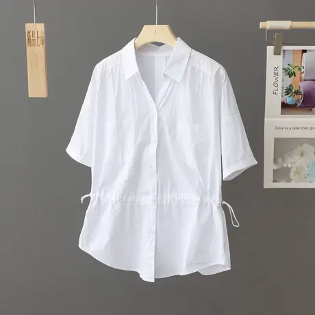 2024新款夏季简约百搭白色衬衫女短袖纯棉设计感小众上衣抽绳上衣商品大图