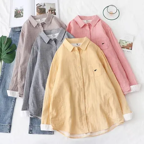 复古双层棉纱衬衫女宽松百搭文艺小格子刺绣纯棉打底衬衣春秋上衣商品大图