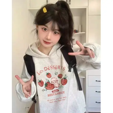 美式复古hiphop潮牌卫衣女春秋薄款oversize慵懒风连帽小个子外套商品大图