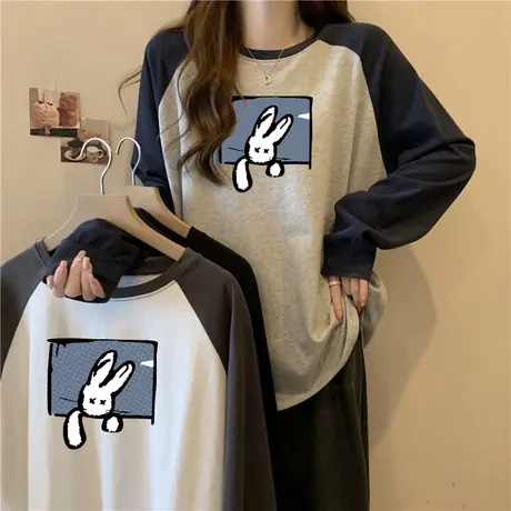 卡通动漫撞色长袖T恤女秋冬宽松加绒加厚内搭德绒打底插肩袖上衣图片
