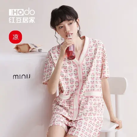 凉感睡衣红豆夏季短袖女士可爱开衫宽松全纯棉家居服夏天薄款套装商品大图