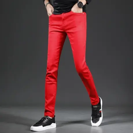 2023新款秋季牛仔裤男红色潮流修身小脚男士个性百搭弹力休闲裤子图片