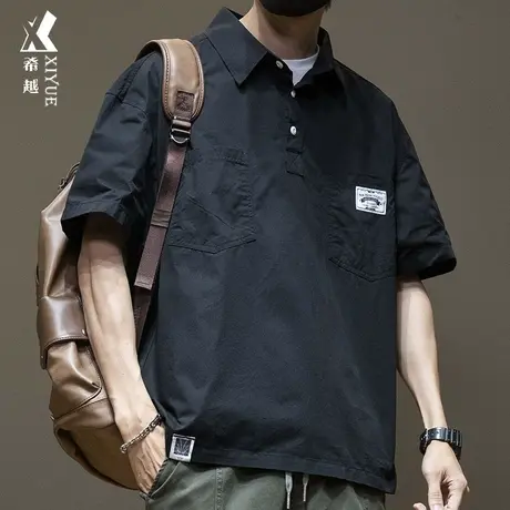 polo衫短袖衬衫T恤男夏季宽松大码黑色男装男士休闲五分袖衬衣潮商品大图