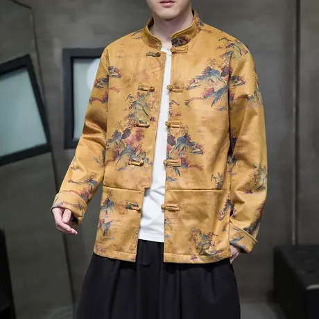 秋冬男夹克盘扣中国风山水画外套麂皮绒面料男装上衣服大码宽松潮图片